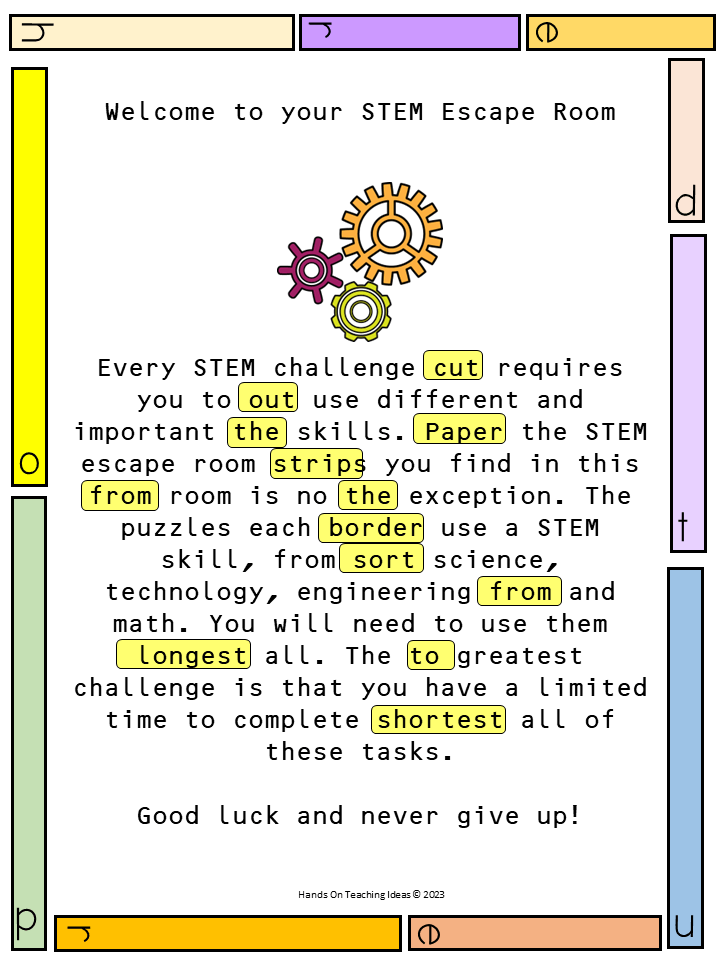 STEM escape room shows a welcome letter with certain words highlighted to say cut out the paper strips from the border sort from longest to shortest.