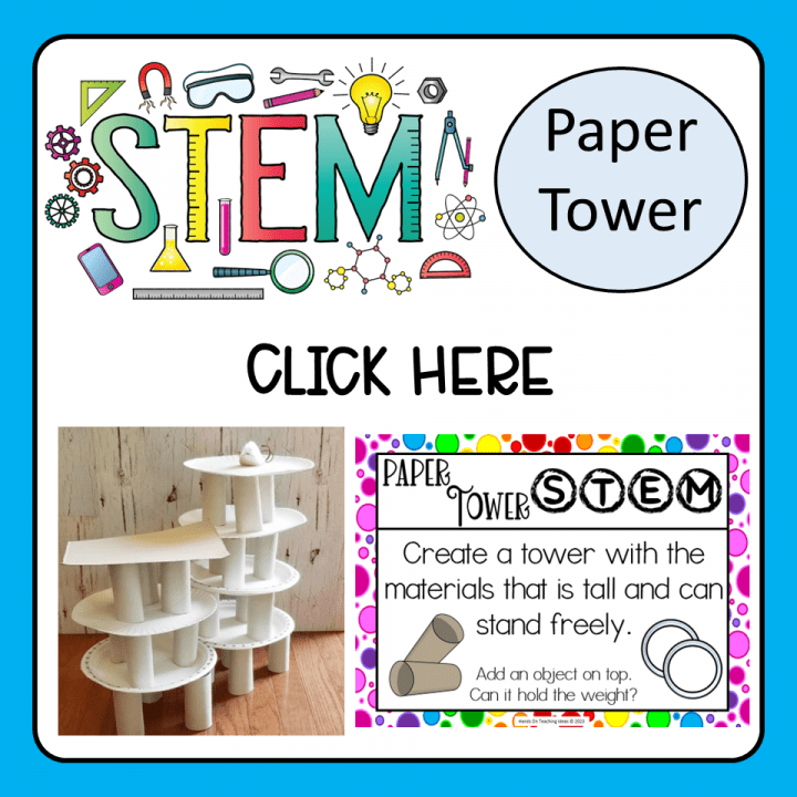10 exciting STEM activities shows an image for a paper tower made from rolls and paper plates.
