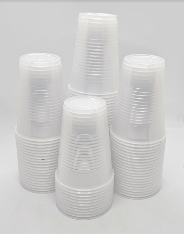 STEM challenge shows four towers of plastic cups.