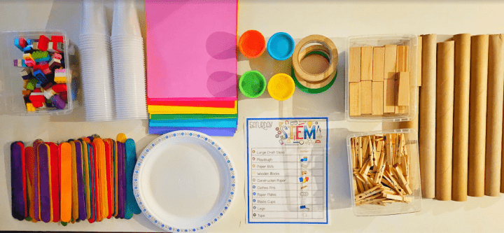 10 exciting STEM Activities shows a picture of the supplies needed.