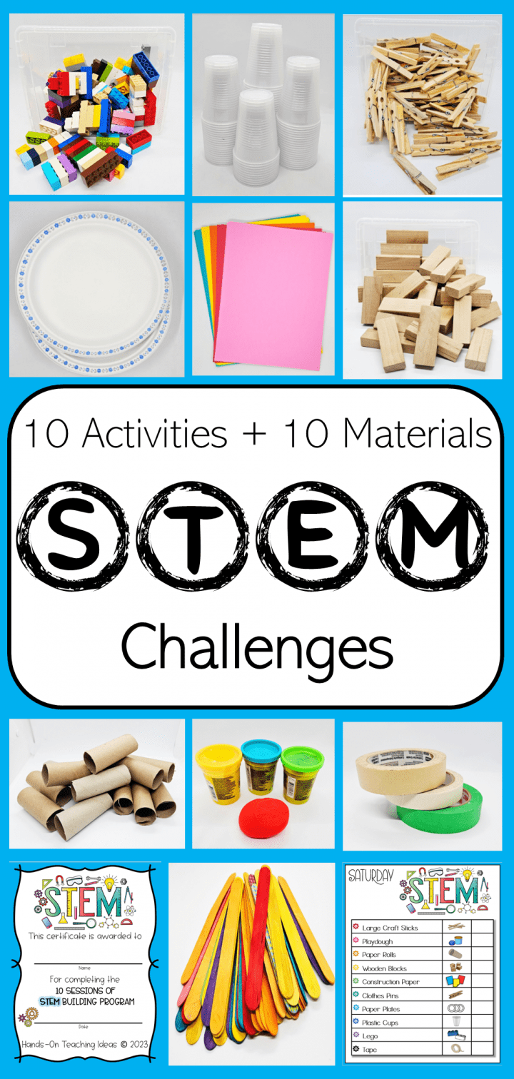 10 exciting STEM Activities shows a collage of materials made into a pinterest pin.