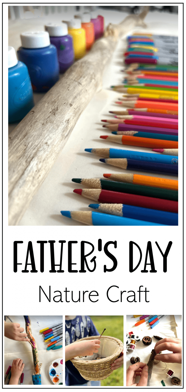 fathers day nature craft shows a pinterest pin of a wooden stick, crayons and paint.