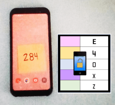 STEM puzzles for kids shows a cell phone with the number 284 on the screen and a printed code beside it.