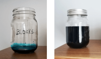 escape room puzzle ideas shows two jars. One with blue color in the bottom and says blocks and the other is full of dark liquid.