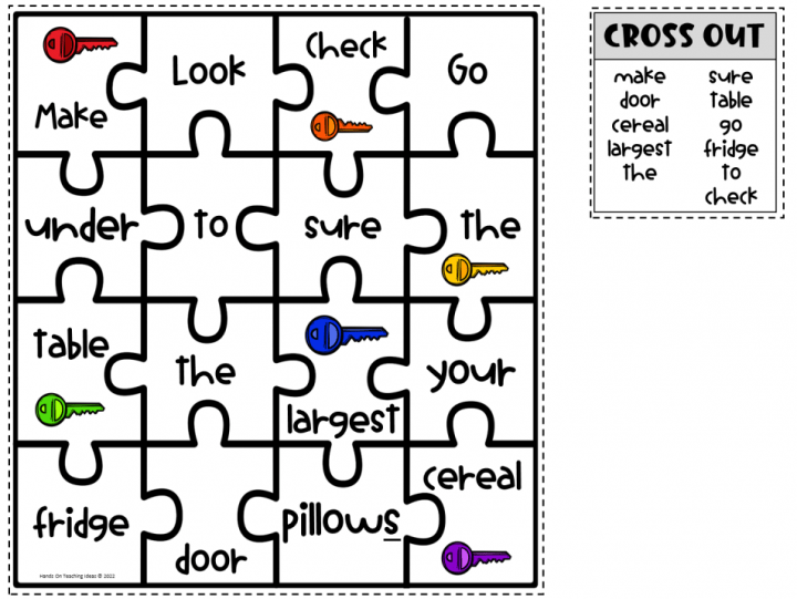 escape room puzzles shows a 4x4 puzzle with a word on each piece.