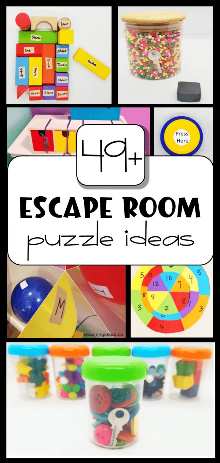 escape room puzzle ideas shows a collage of images for a Pinterest pin.