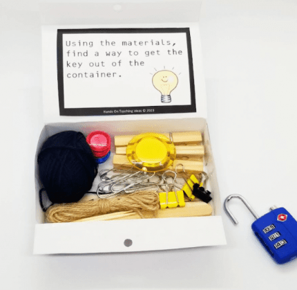 stem escape room shows a kit with building materials in it.
