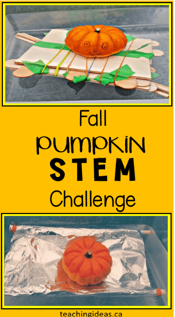 fall stem challenge shows a pumpkin boat floating on water.
