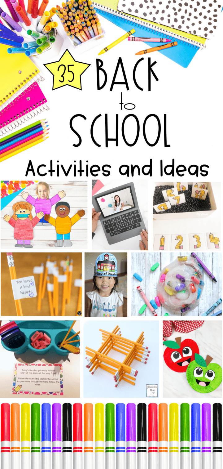 back to school pinterest pin with a collage of activity ideas like crafts, slime and printables.