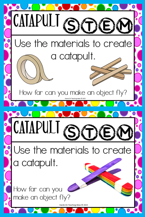 STEM challenge for kids shows two printable activity cards that say use the materials to create a catapult.