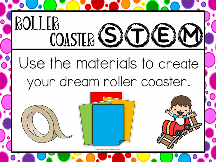 stem activity shows an activity card that says use the materials to create your dream roller coaster.