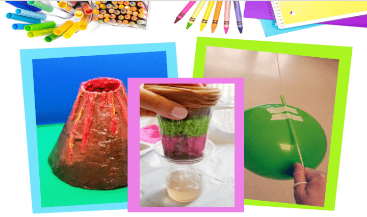 stem challenges shows a collage of three photos.  A volcano, filtration cup and green balloon on a string.