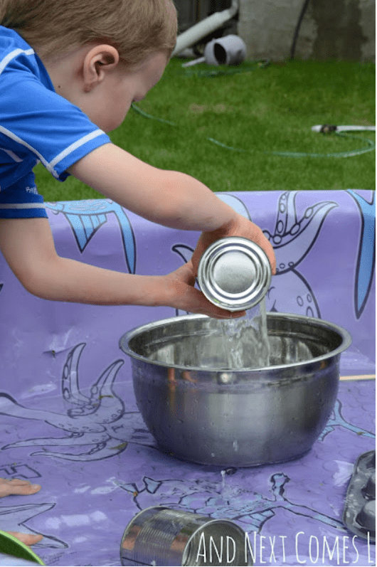 water stem activities shows a child pouring water from a can into a bowl.