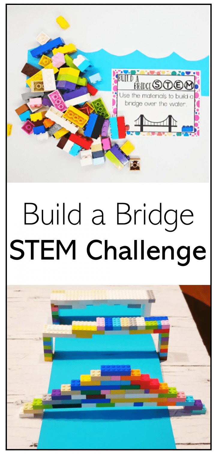 build a bridge stem challenge shows a pinterest pin with plastic building blocks and bridges. 