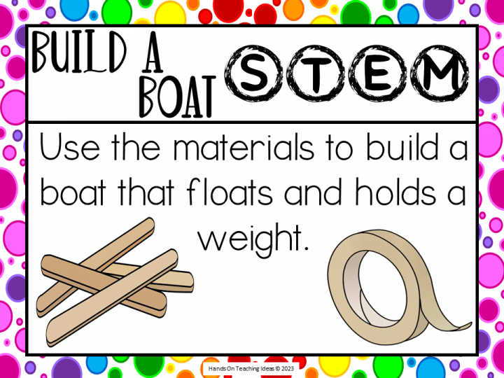 stem activity shows an activity card that says build a boat stem use the materials to build a boat that floats and holds a weight.