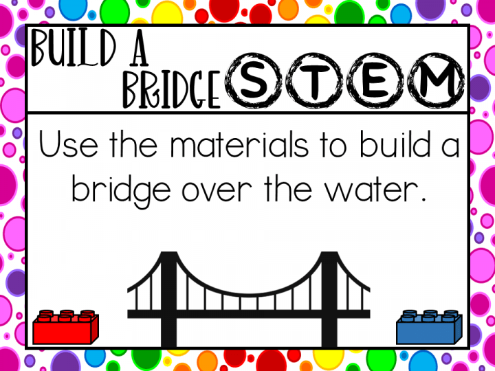 exciting stem activity shows an activity card that says build a bridge stem that says use the materials to build a bridge over the water.