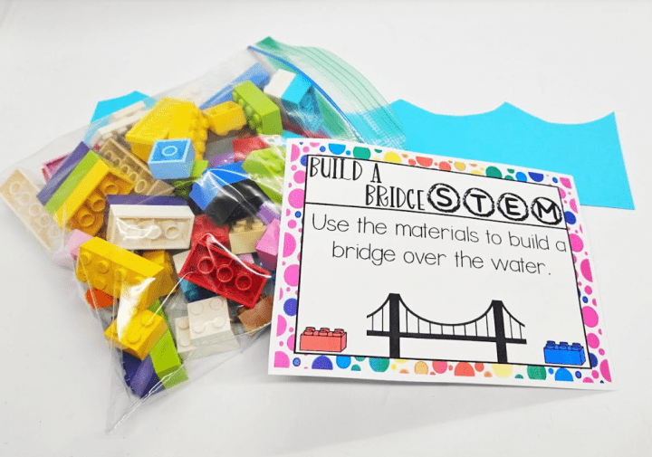 bridge building stem challenge shows a bag of lego and a printable task card.
