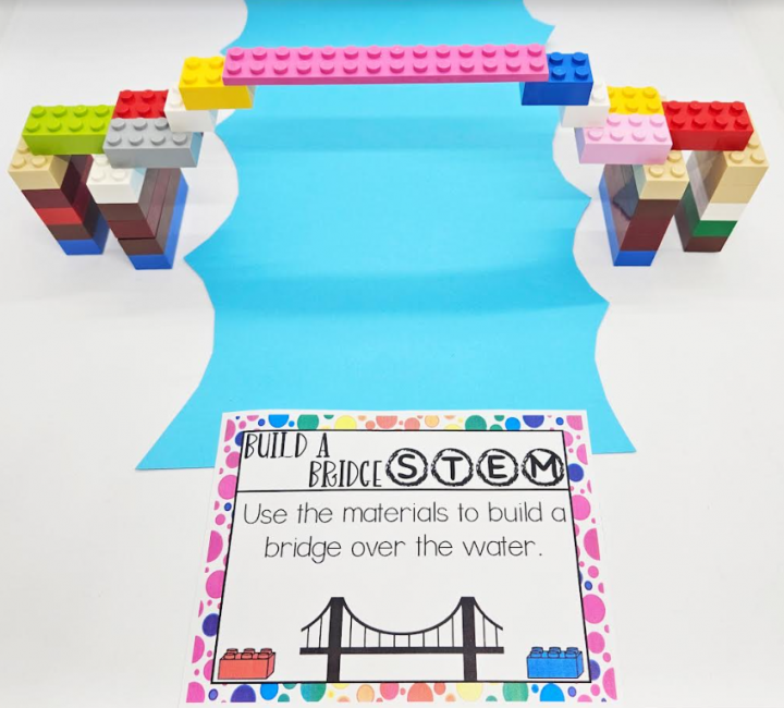 build a bridge stem challenge shows a bridge and printed activity card.