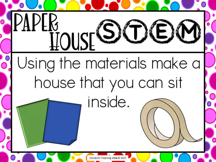 stem challenge shows an activity card that says paper house using the materials make a house that you can sit inside.