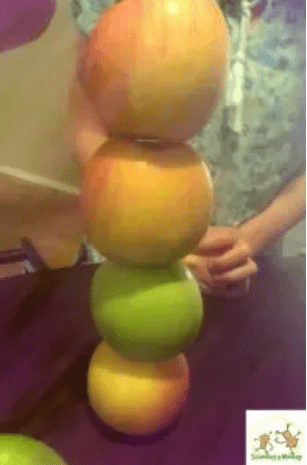 apple experiment shows four apples stacked on top of each other.