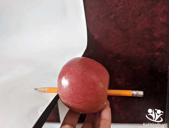 stem challenge shows an apple balancing on the table edge.