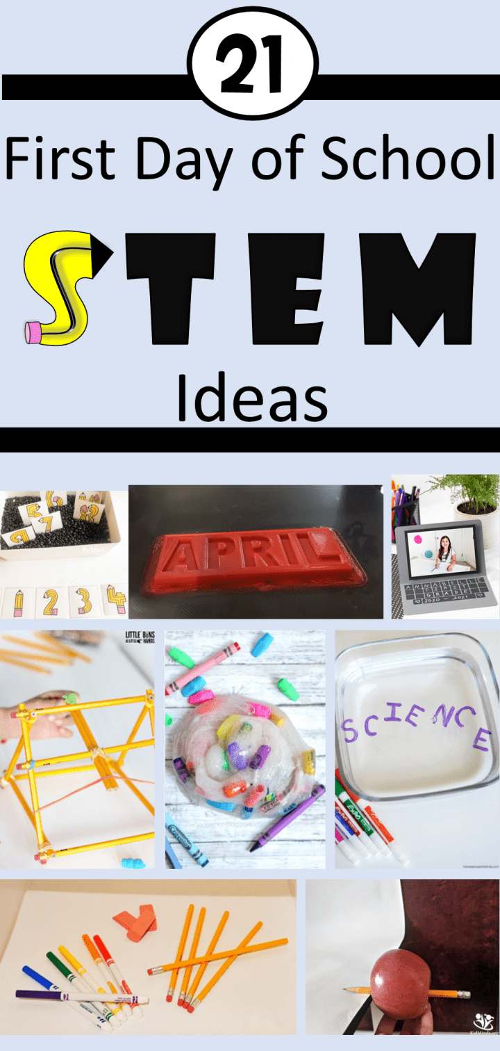 First day of school STEM activities shows a collage of STEM images for a Pinterest pin.