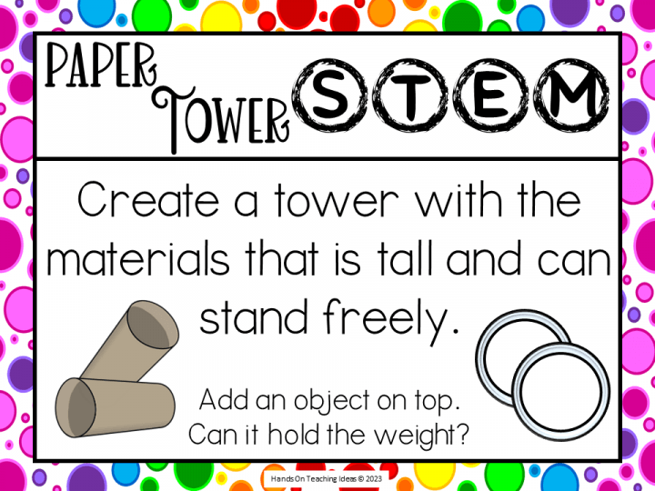 stem activity shows an activity card that says paper tower stem create a tower with the materials that is tall and can stand freely.