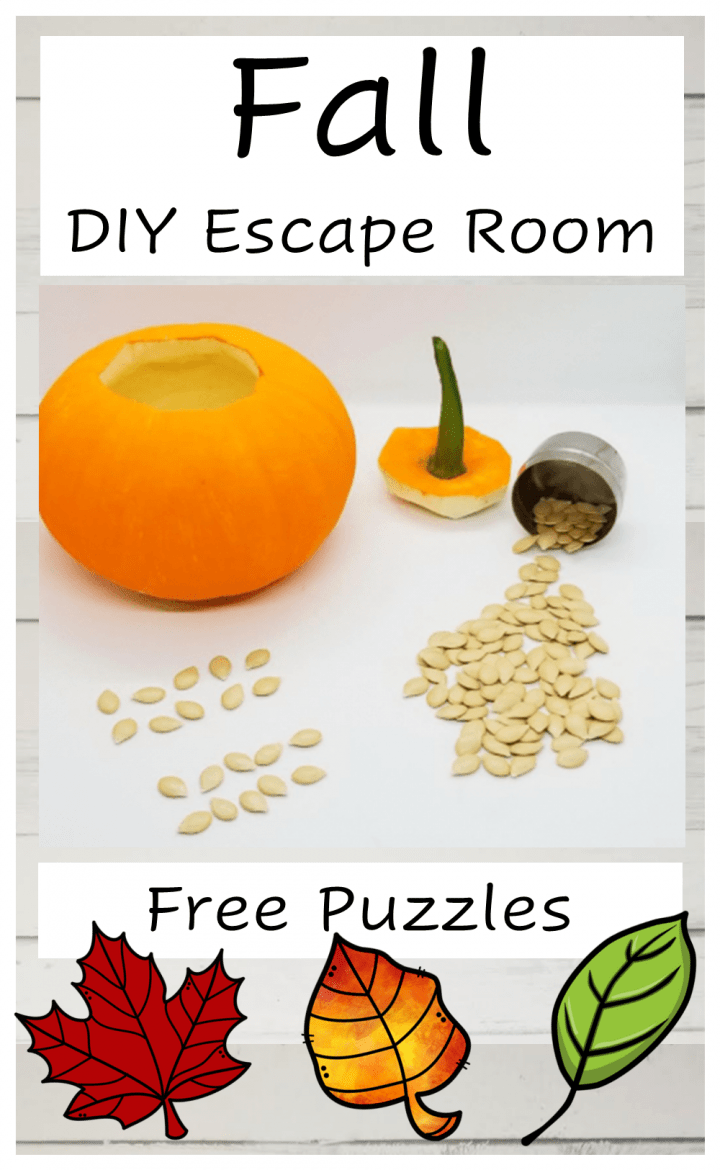 make your own escape room for fall shows a pinterest image with a pumpkin and seeds spilling out.