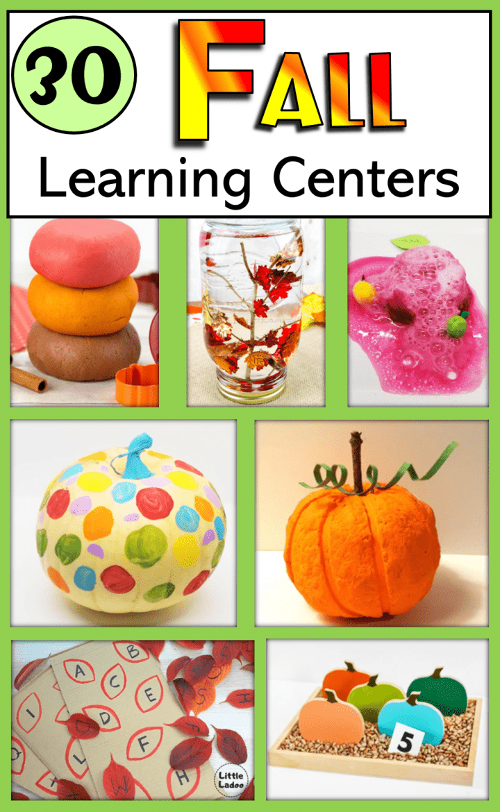 fall centers for kindergarten shows a pinterest pin collage of fall activities.