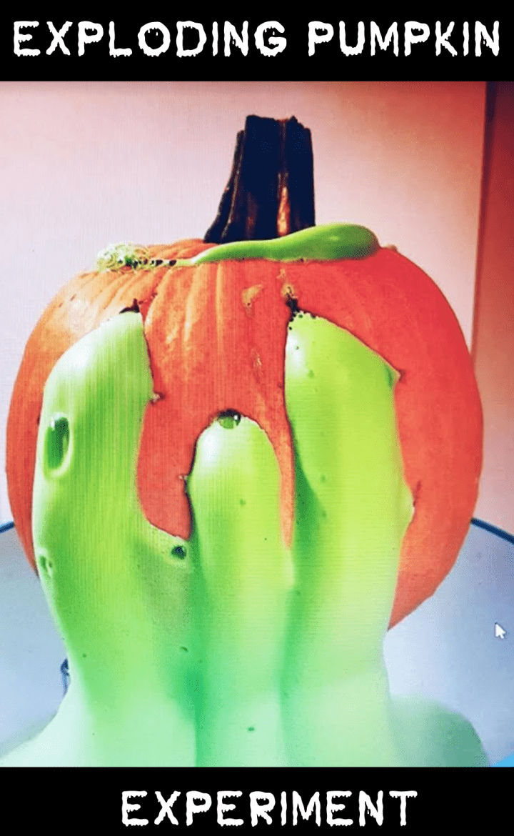 science experiments for kids shows a picture of a jack o lantern with foam coming out of it.