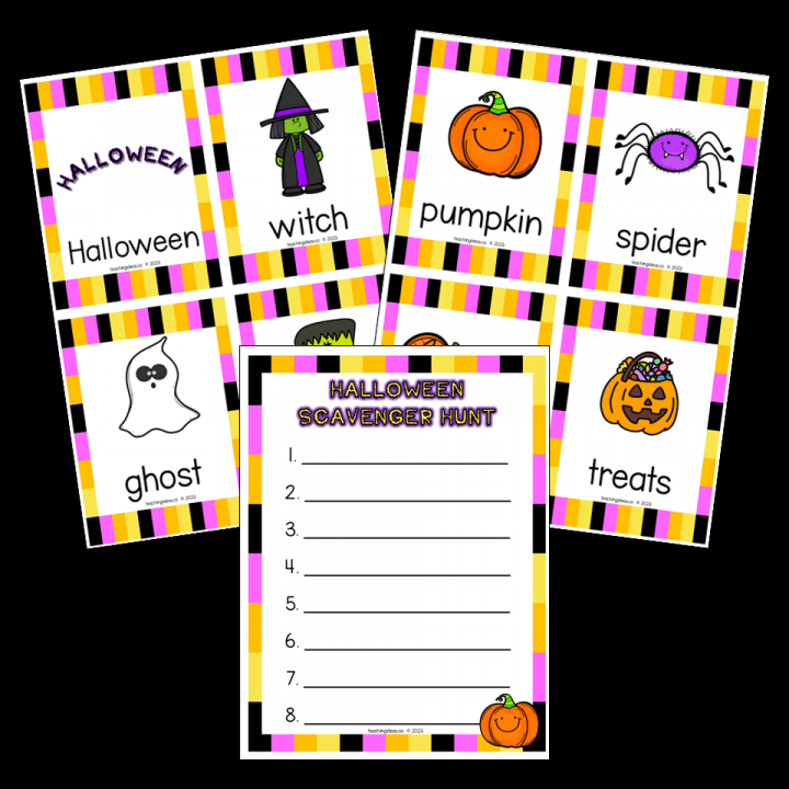 halloween scavenger hunt shows three printable pages.