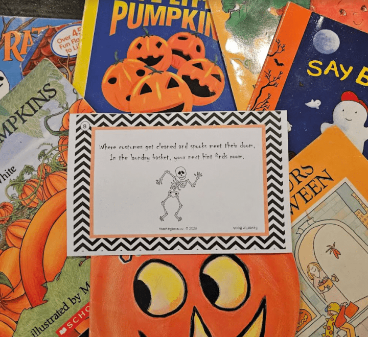 free printable halloween scavenger hunt  shows a bunch of books.
