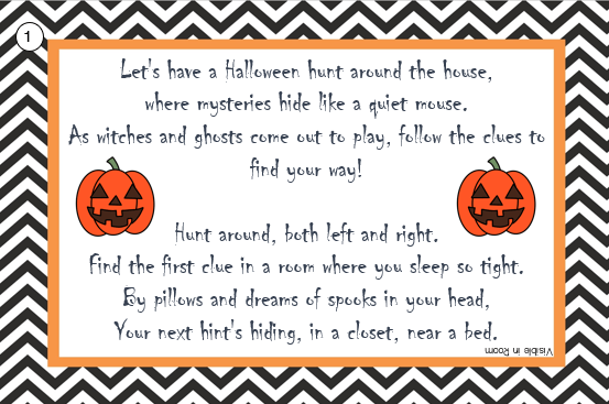free printable halloween scavenger hunt  show a clue that tells players to check in the closet of a room.