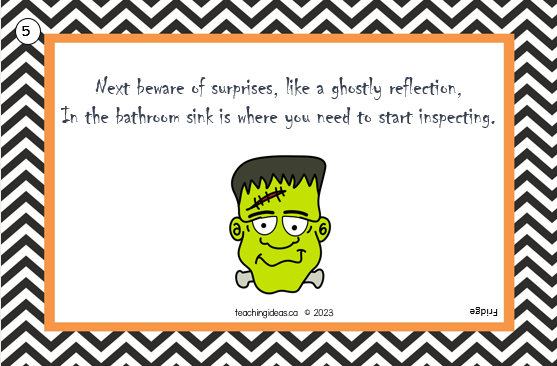 free printable shows a Frankenstein clipart image on a printed clue that tells scavenger hunt players to check the bathroom sink for the next clue. 