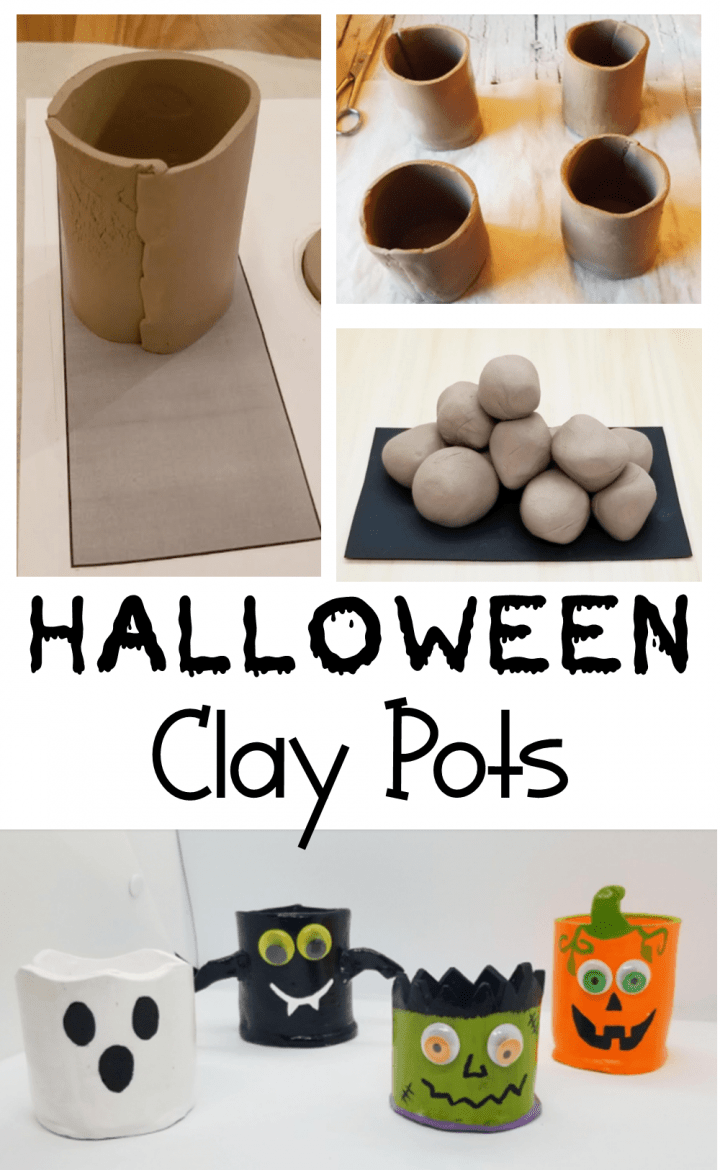 halloween clay pots shows a pinterest pin with clay and Halloween decorated pots.