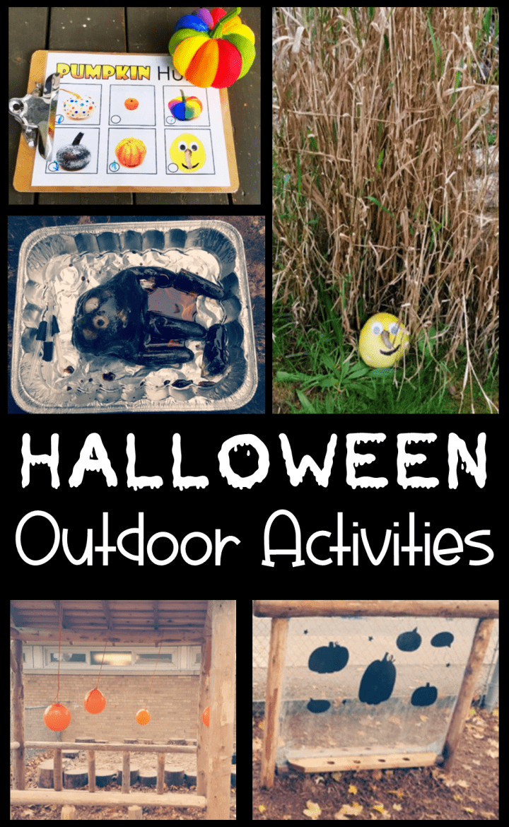 halloween outdoor learning activities pinterest pin with five images of outdoor hands on activities.