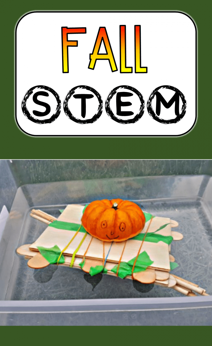 easy science experiments shows a pinterest pin with a pumpkin on a stick boat.