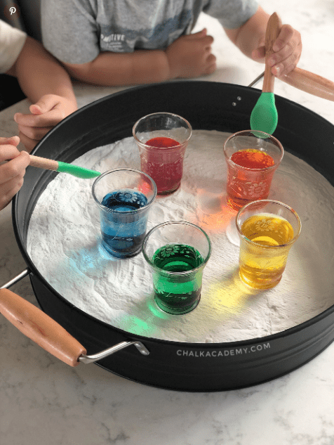 best stem activities shows children with five rainbow colored cups of liquid.