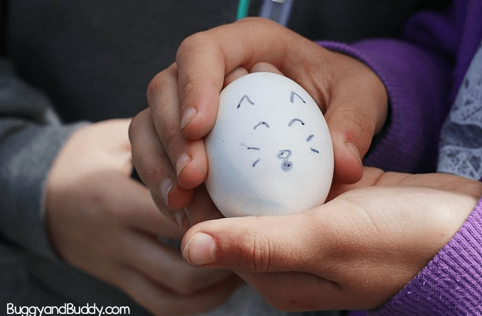 egg drop challenge shows an egg with a cute face drawn on it.