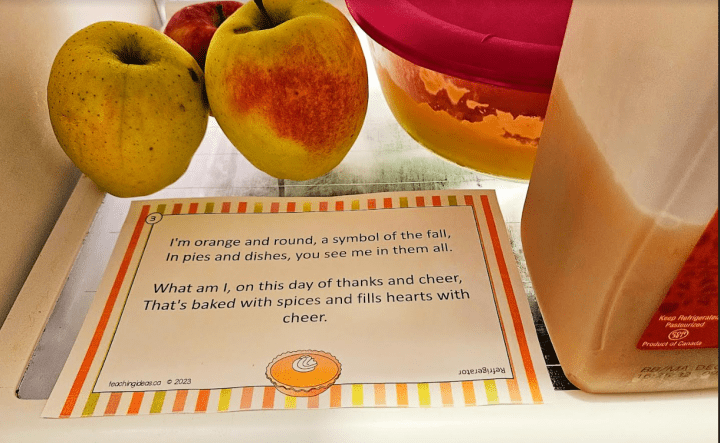 free printable thanksgiving scavenger hunt shows a riddle in a fridge.
