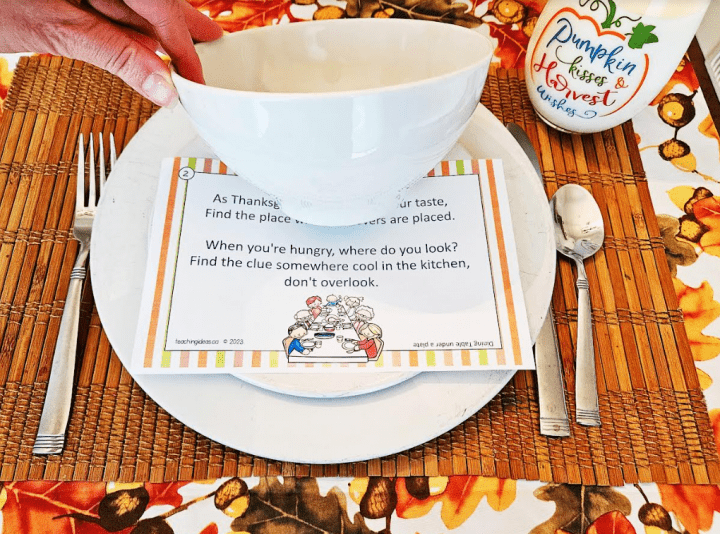free printable thanksgiving scavenger hunt shows a table set for a special meal and printable.