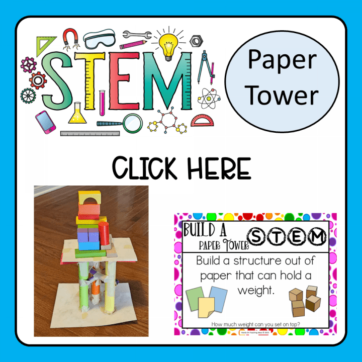 10 exciting STEM activities shows a tower made from paper and tape with blocks on top.