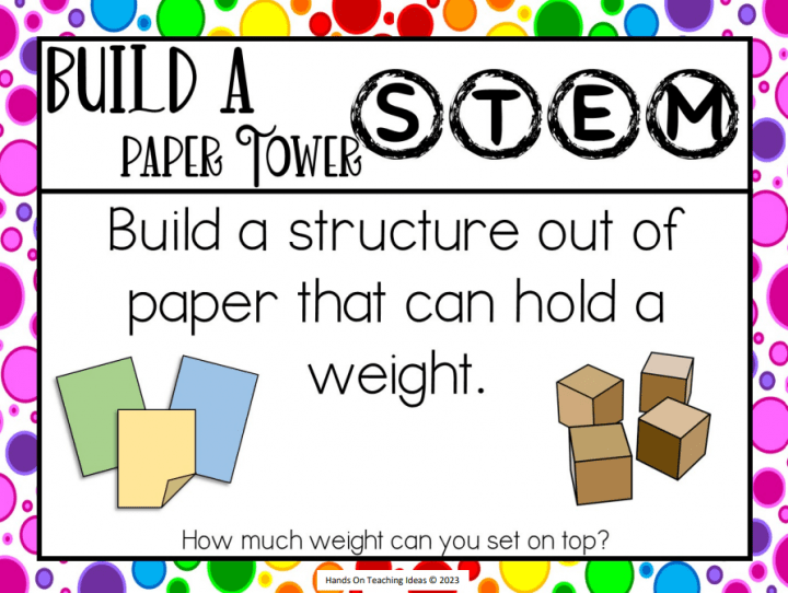 10 exciting STEM activities shows an activity card that says "build a structure out of paper that can hold a weight."