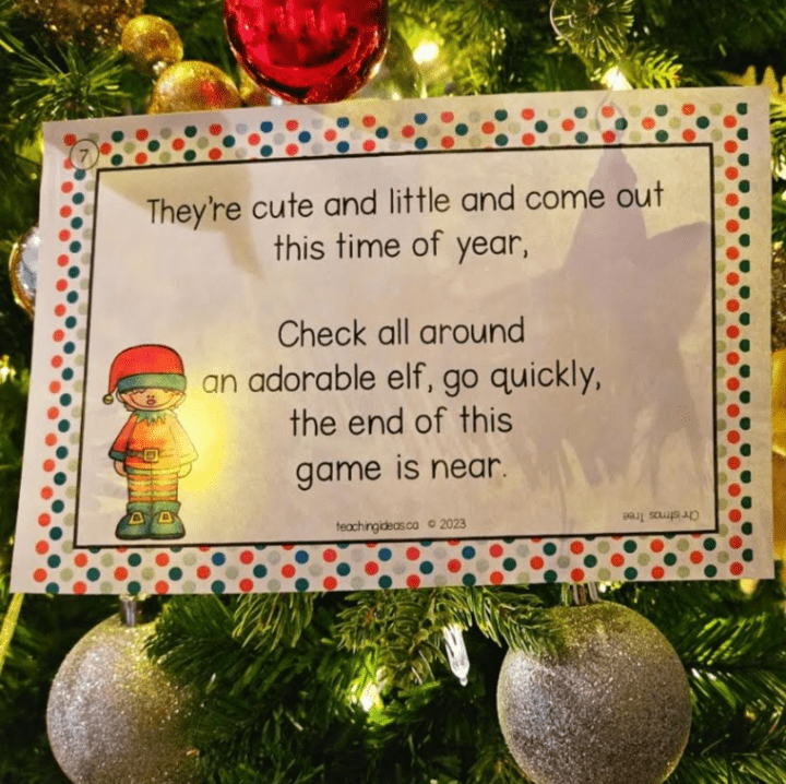 Best Christmas Scavenger hunt shows a clue in a Christmas tree that tells players to check around an elf.