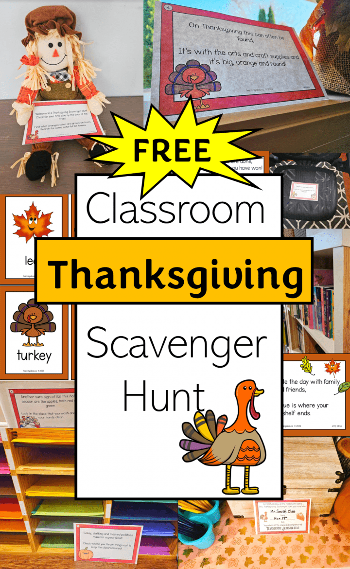 free Thanksgiving classroom scavenger hunt shows a pinterest pin collage.