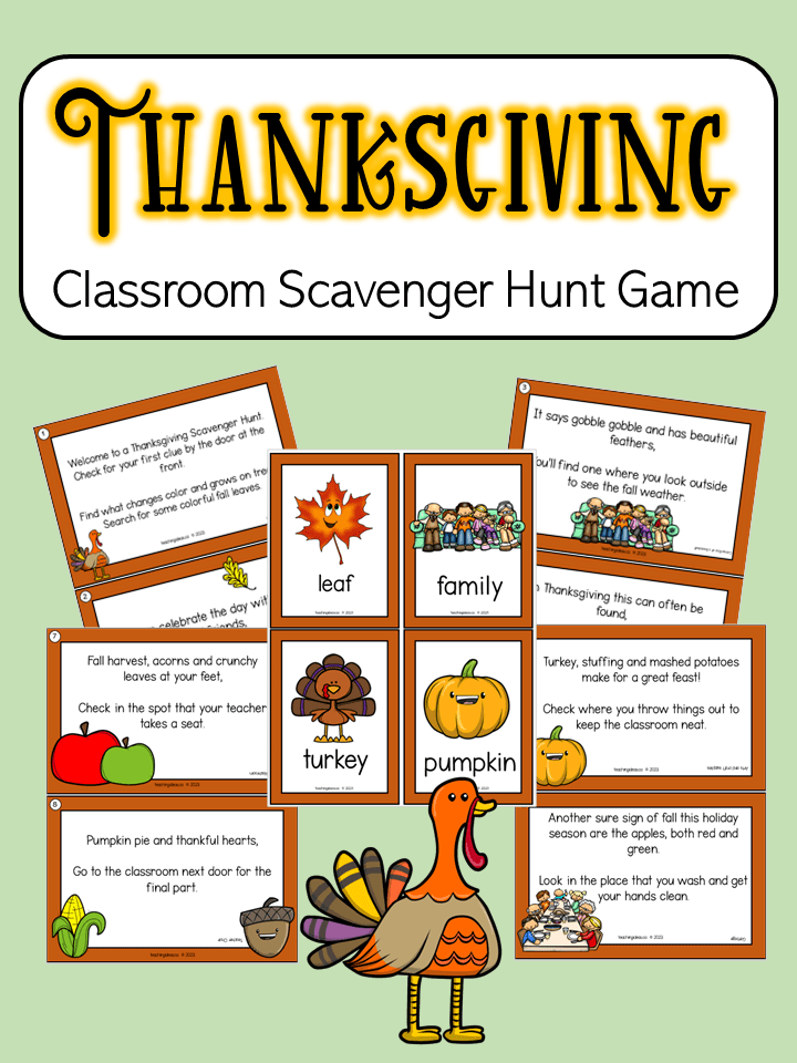 free Thanksgiving classroom scavenger hunt shows a collage of some printable clues.