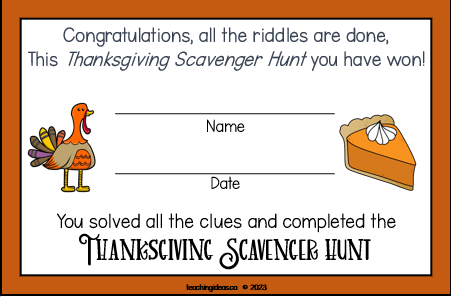 free thanksgiving classroom scavenger hunt shows a completion certificate.