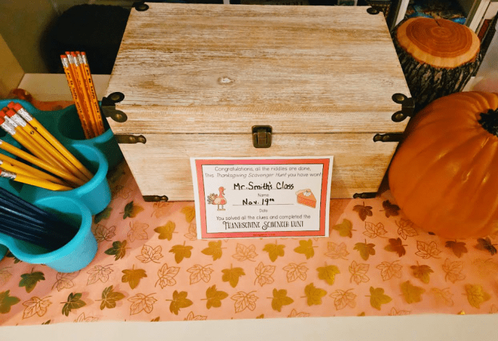 free thanksgiving scavenger hunt shows a completion certificate on a classroom table.