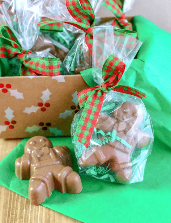 preschool christmas crafts shows gingerbread soap and one bar wrapped as a gift.