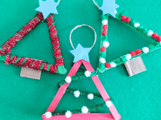 crafts for kids shows three Christmas tree ornaments.